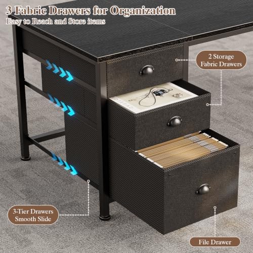 Furologee 55" L Shaped Desk with Power Outlets & USB-C Port, Reversible Corner Computer Desk with File Drawers, Work Study Gaming Table for Home Office, Dorm, Black