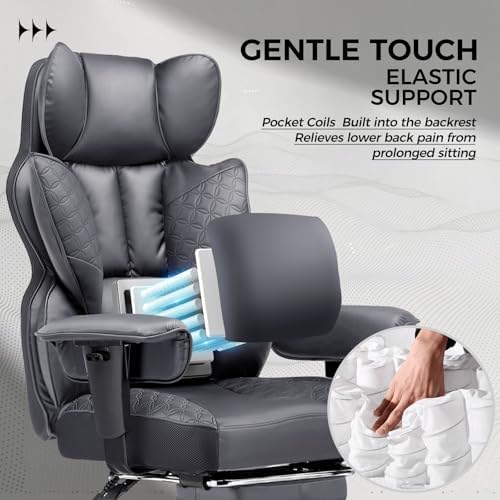 GTPLAYER Big and Tall Gaming Chair 400lbs Heavy Duty Office Chair with Foot Rest & Ergonomic Pocket Spring Lumbar Support, High Back 3D Saddle Shaped Cushion for Back Pain Relief, Grey