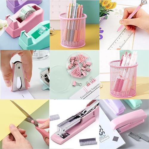 Pink Desk Accessories, Pink Office Supplies, Stapler, Staple Remover, Tape Holder, Pen Holder, Ballpoint Pen, Scissor, Binder Clips, Paper Clips and 1000pcs Staples.