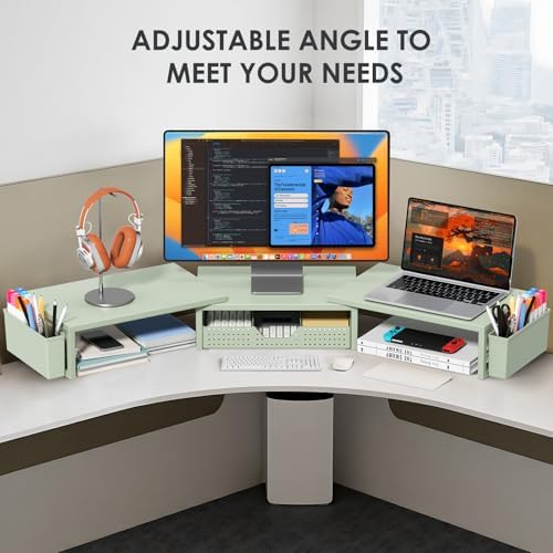 OPNICE Desk Organizers and Accessories, Dual Monitor Stand Riser with Drawer and 2 Pen Holders, Desk Shelf Computer Racks for Office Workspace Organizers, Desktop Organization (Sage Green)