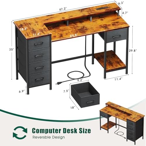 Korfile 47 Inch Computer Desk with Power Outlets,LED,5 Drawers,Rustic Brown