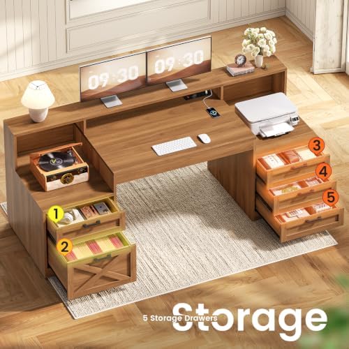 SEDETA 63" Farmhouse Computer Desk with 5 Drawers, Brown