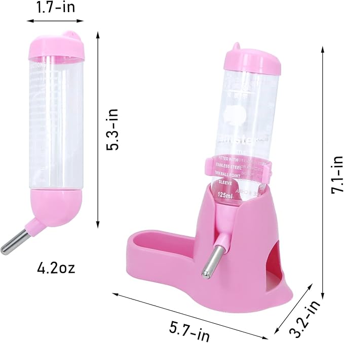 Wontee 3 in 1 Hamster Water Bottle with Food Bowl Hideout Base, 125ML, Pink | Water dispenser, food container, hideout, stable base, easy to refill, for glass tank/cage, dwarf hamster/mouse/gerbil, 4.2oz