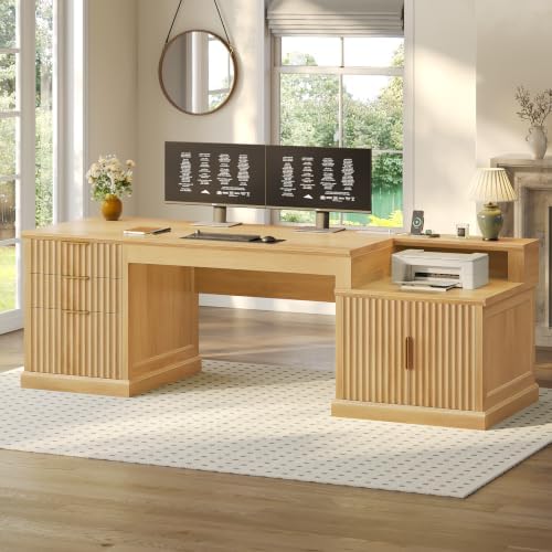 SEDETA 70.9" Executive Desk, Fluted Office Desk with Drawers, Fluted Oak