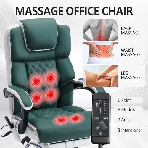 Massage Office Chair 6 Points 500lbs with Footrest,Reclining Leather Desk Chair with Vibration Heat,Executive Big and Tall Chairs for Heavy People,Adjustable Height Ergonomic Green