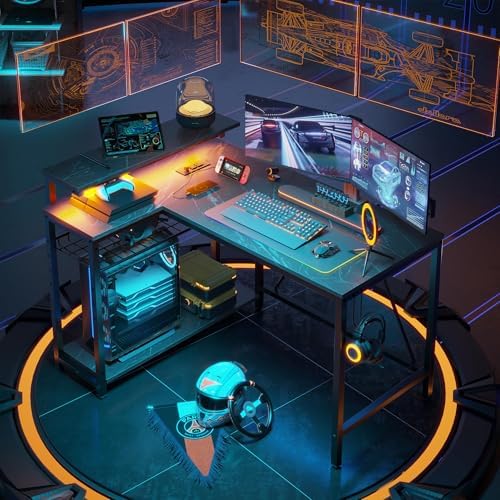 Bestier 42-Inch L-Shaped Gaming Desk with Charging & LED, Marble Black