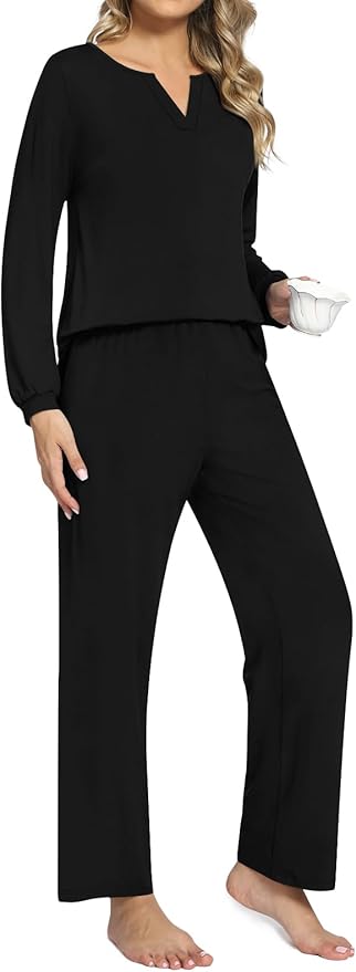 Anyally Women's Plus Size Pajama Sets Ladies Fall Pjs 2 Pieces Lounge Outfits V Neck Long Sleeves Sleepwear with Pockets