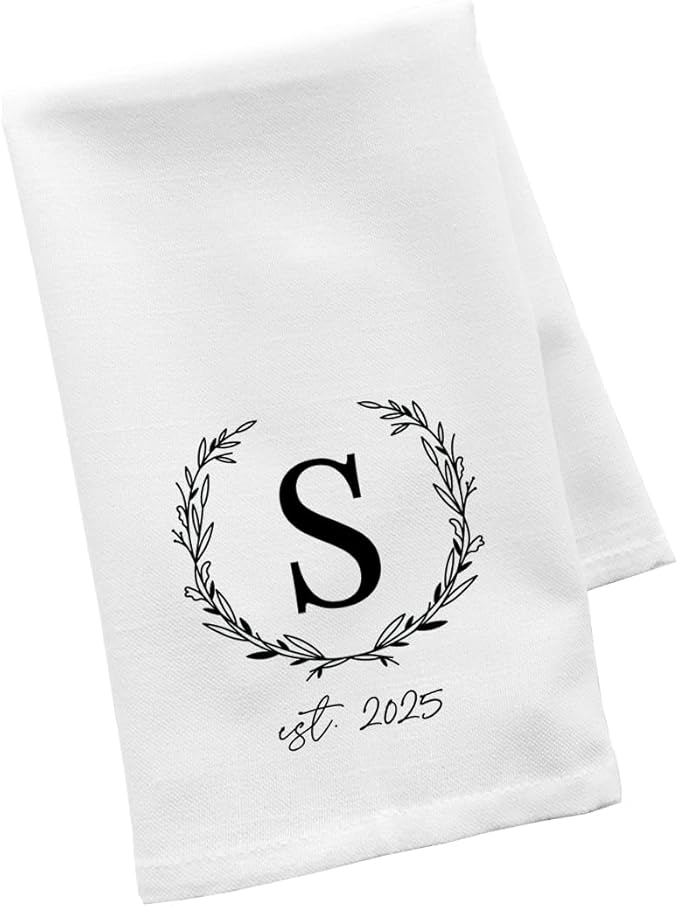 Andaz Press Personalized Kitchen Towel, Flour Sack Tea Towel, Monogram Wreath EST. Year Custom Kitchen Gifts Birthday for Mom Daughter, Wedding Gift Housewarming Gift for Couples
