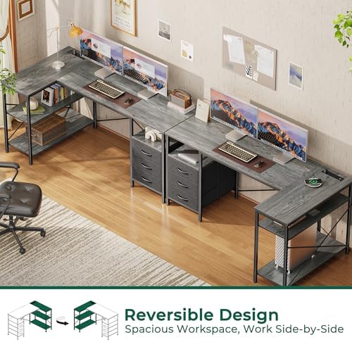 Huuger L Shaped Office Desk with Power Outlets & 3 Drawers