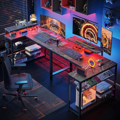 Bestier 42-Inch L-Shaped Gaming Desk with Charging & LED, Marble Black