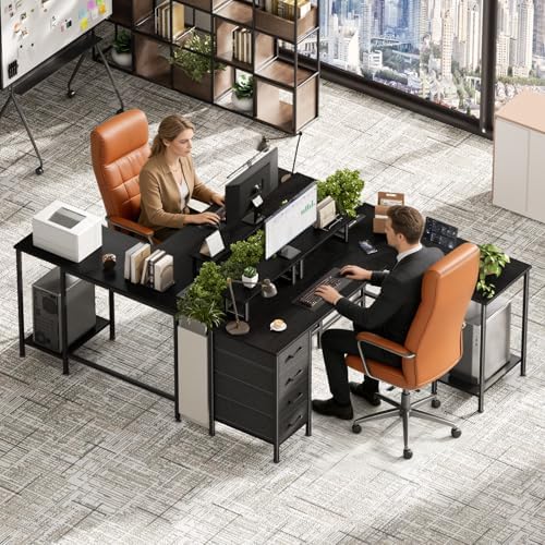 Korfile 59 inch L Shaped Computer Desk with Power Outlets, Black
