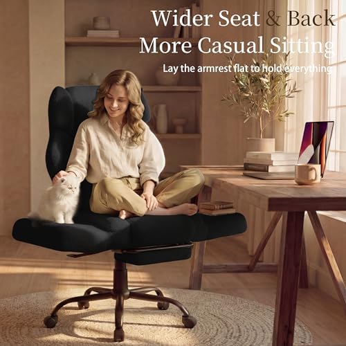 Office Chair with Flip Armrests,Big and Tall Office Chair with Foot Rest,Extra Wide Seat & Lumbar Pillow,Comfy Criss Cross Chair for Pets Sitting,Ergonomic Computer Gaming Chair,Teddy Fleece,Black