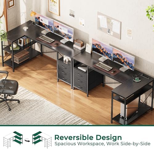 Huuger L Shaped Office Desk with Power Outlets & 3 Drawers
