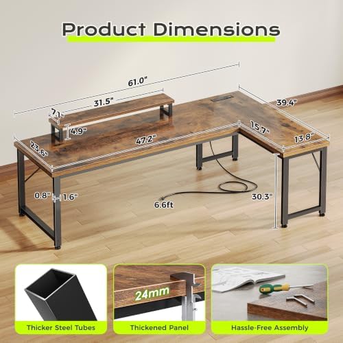 PRAISUN 61" L Shaped Computer Desk, Outlets, Monitor Stand, Rustic Brown