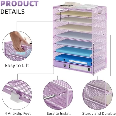 Marbrasse Paper Organizer Letter Tray, 9 Tier Mesh File Organizer with Handle, Paper Sorter Desk Organizer for Home Office Supplies - Purple