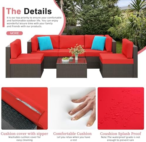 6 Pieces Patio Furniture Set Outdoor Couch Wicker Sectional Sofa, Red