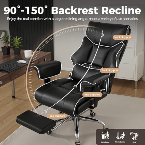 GTPLAYER Big and Tall Gaming Chair 400lbs Heavy Duty Office Chair with Foot Rest & Ergonomic Pocket Spring Cushion, High Back Lumbar Support for Lower Back Pain Relief, White/Black