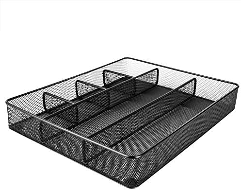 Amazon Basics Metal Mesh Desk Organizer with 6 Compartments, Anti-Slip Pen Holder Storage Tray for Office Supplies and Home, Black