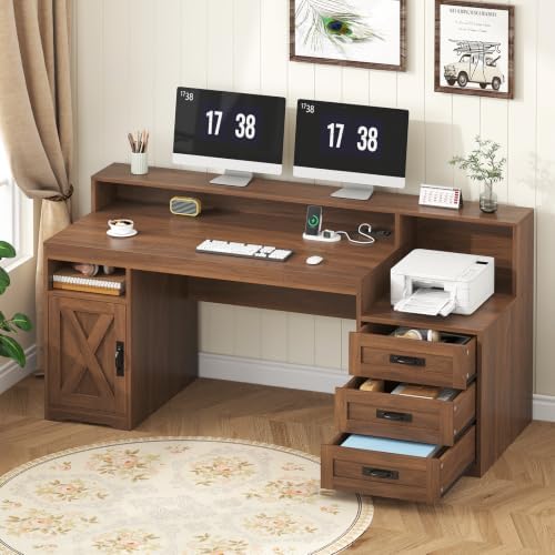 65" Farmhouse Computer Desk with Drawers and Printer Stand for Home Office