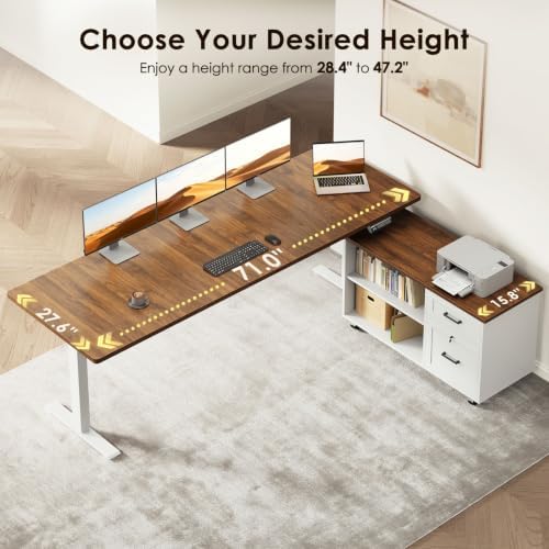 OffiGo 71" L Shaped Electric Standing Desk with Cabinet Sets, Walnut/White
