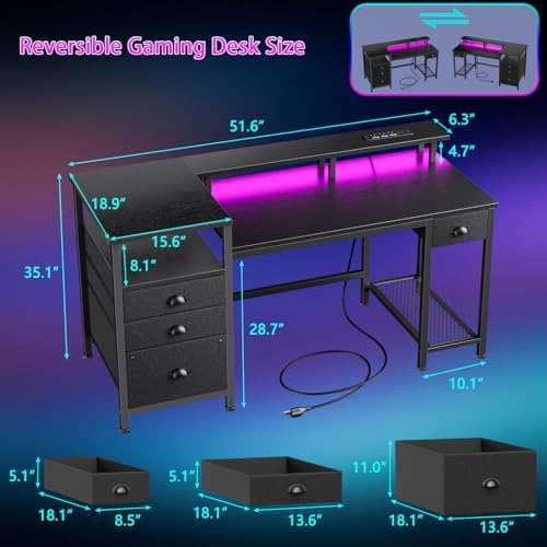 Furologee 52" Gaming Desk with 4 Drawers & LED Lights, Power Outlet, Black