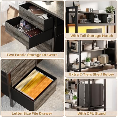 Aheaplus L Shaped Desk with Hutch, Gaming Desk with Led Lights, Reversible Computer Desk with Power Outlet, Corner Desk with File Drawer & Monitor Stand, Storage Shelves for Home Office, Black Oak