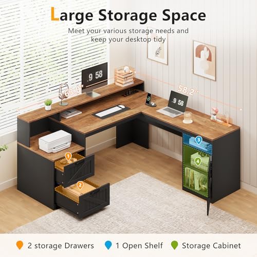 63" Farmhouse L Shaped Desk with Drawers & Printer Shelf for Home Office