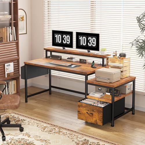 EnHomee 56.5" Office Desk with Drawers & Printer Space for Home Work,Brown