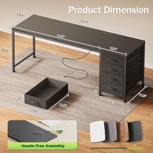 PRAISUN 63 Inch Computer Office Desk with Power Outelts and USB-C Port, Reversible Gaming Desk with 4 Fabric Drawers, Work Study Desk Work from Home, Black