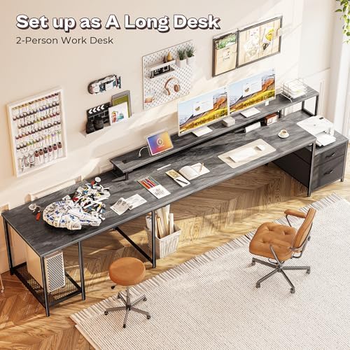 PRAISUN 66" L Shaped Gaming Desk with LED Lights & Power Outlets
