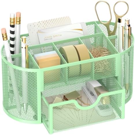 Mesh Desk Organizer with Drawer, 9-Compartment Pen Holder for Desk, Green