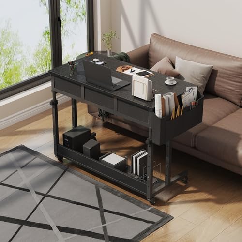 Rolling Standing Desk Adjustable Height with Drawers, 40 Inch Mobile Stand Up Portable Teacher Desks on Wheels for Classroom, Couch Sofa Side Laptop Table with Storage for Bedroom Home Office, Black