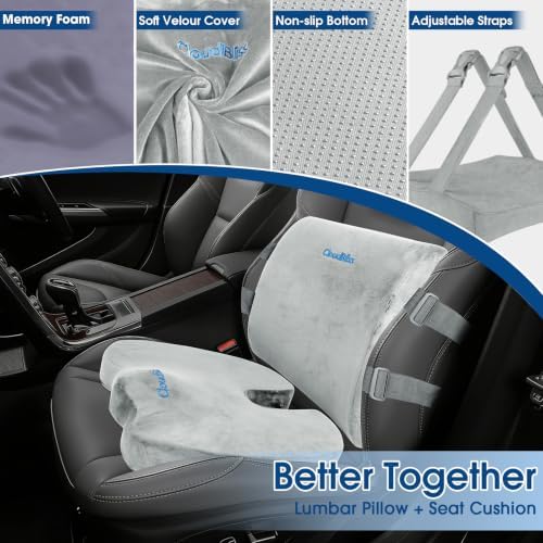 CloudBliss Ergonomic Seat Cushion & Lumbar Support Pillow Set, Light Grey