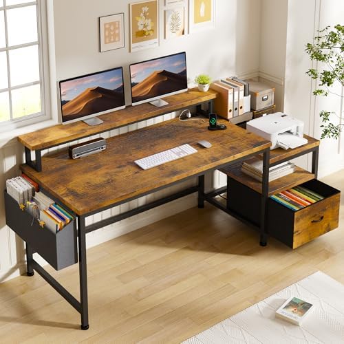 EnHomee 56.5" Office Desk with Drawers & Printer Space for Home Work,Brown