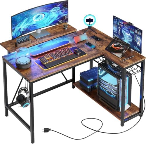 Bestier 42-Inch L-Shaped Gaming Desk with Charging & LED, Rustic Brown