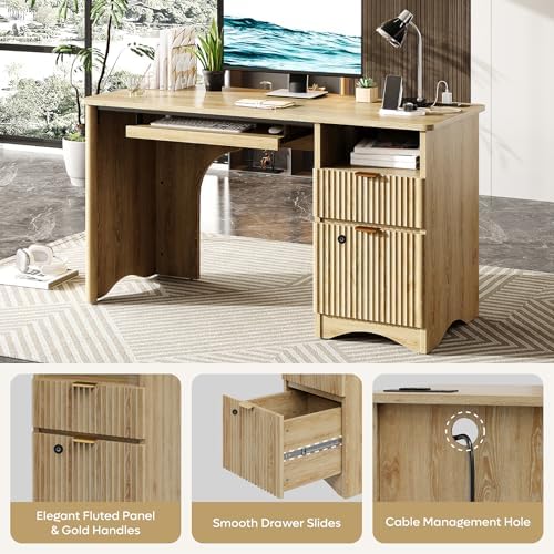 Bestier 55" Desk with Fingerprint Lock & Charging, Keyboard Tray, Oak