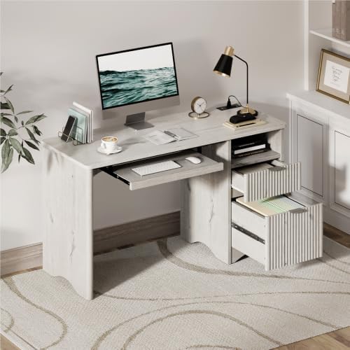 Bestier 55 Inch Computer Desk with Keyboard Tray, File Drawer, White
