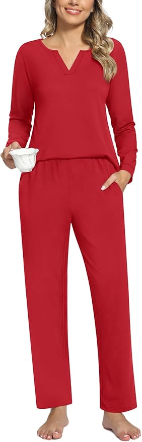 Anyally Women's Plus Size Pajama Sets Ladies Fall Pjs 2 Pieces Lounge Outfits V Neck Long Sleeves Sleepwear with Pockets