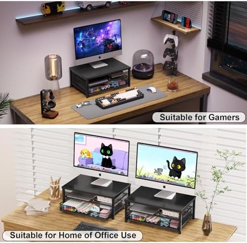 OPNICE Computer Monitor Stand Riser, Desk Organizer with Drawer, Printer & Laptop Stand, Office Desk Accessories & Workspace Desktop Organizers Storage for Office Supplies(Black)