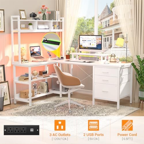 Aheaplus L Shaped Gaming Desk with Hutch, Gaming Desk with Led Lights, Reversible Computer Desk with Power Outlet, Corner Desk with File Drawer & Monitor Stand, Storage Shelves for Home Office, White