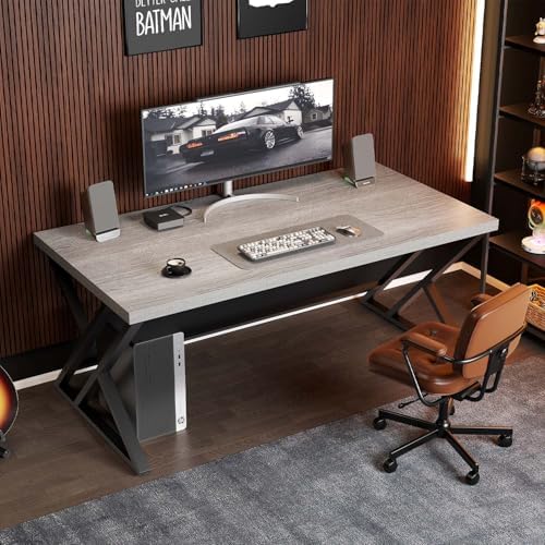 LVB 55 Inch Grey Modern Computer Office Desk Metal & Wood Writing Desks