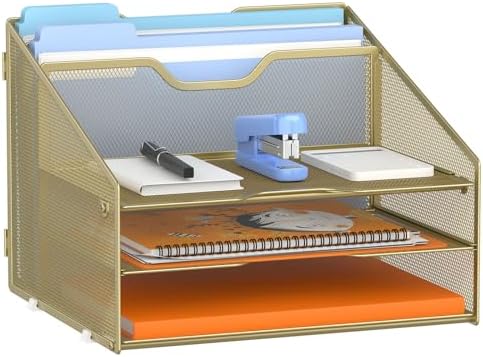 GAWERK Letter Tray Organizer, Mesh Desk File Organizer with 3 Paper Trays and 2 Vertical Upright Section (Gold)