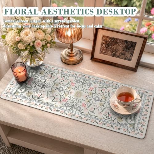 iCasso Aesthetic Desk Mat,31.5x11.8in Mouse Pads, Gray Floral