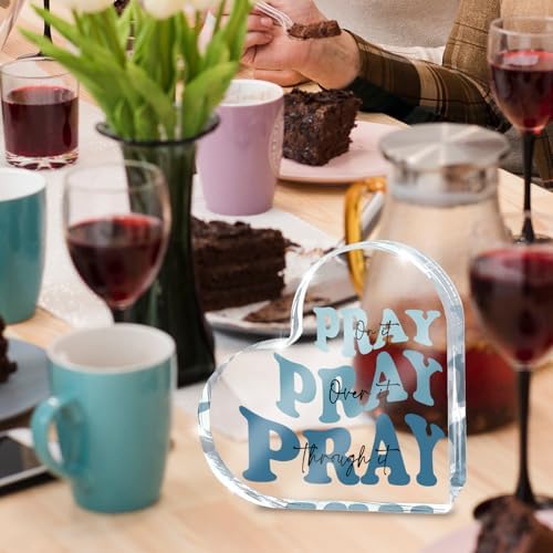 Blue Religious Christian Decor for Woman, Blue Heart Shape Gift for Birthday Dorm Living Room Church Table Desk Bookshelf, Office Accessories Decoration Art Sign, Pray Through It, Valentines Day Decor