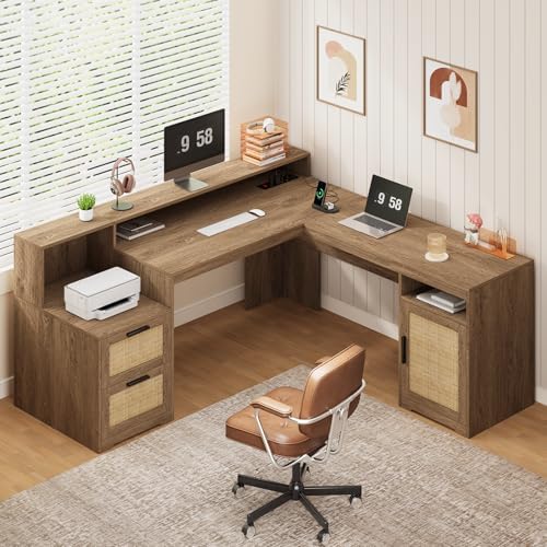 63" Rattan L Shaped Desk with Drawers & Printer Shelf for Home Office