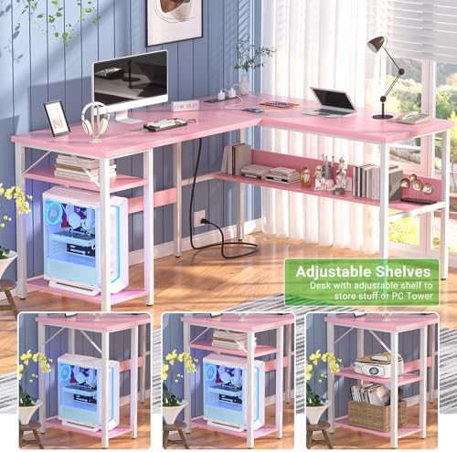 Unikito Reversible L Shaped Desk with Magic Power Outlets and USB Charging Ports, Sturdy Corner Computer Desk with Storage Shelves, Gaming Table Home Office Desk, Easy to Assemble, Pink