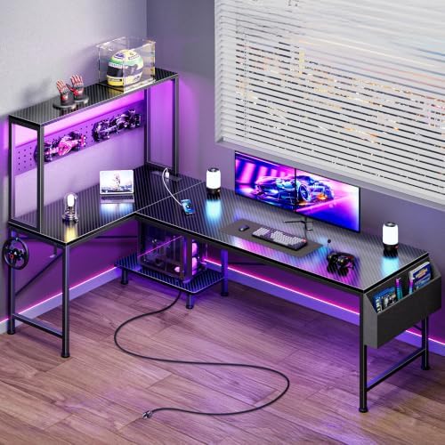 PRAISUN L Shaped Gaming Desk with LED Lights & Power Outlets