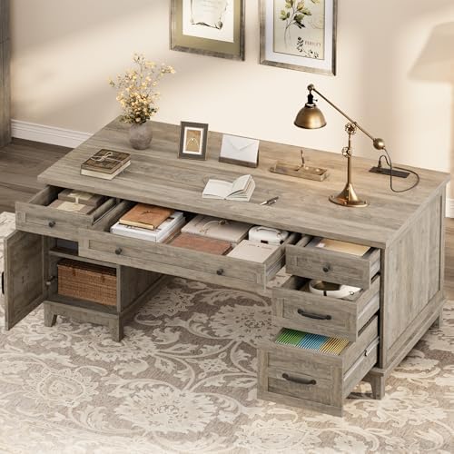 IDEALHOUSE 60" Farmhouse Wooden Home Office Executive Desk with Drawers