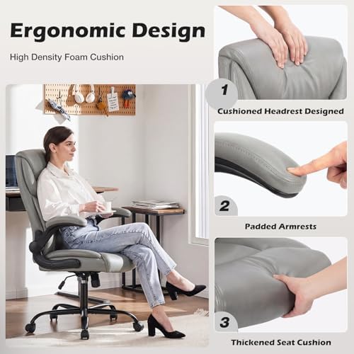 DUMOS Office Chair, Leather Ergonomic Chair Lumbar Support, Grey