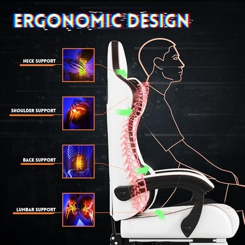 Gaming Chair,Big and Tall Gaming Chair 400lbs Office Chair with Footrest, 90-155° Recline & Removable Headrest Lumbar Support[Spring + 4D Sponge] (White)